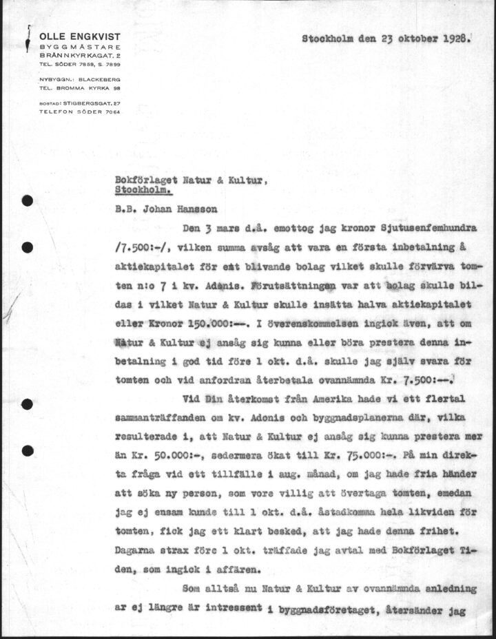 Korrespondens mellan Byggmästare Olle Engkvist och Johan Hansson, Bokförlaget Natur & Kultur (sida 1 av 2).