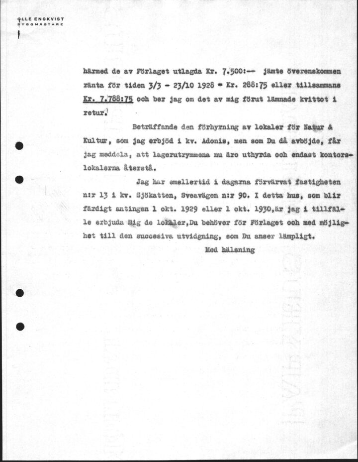 Korrespondens mellan Byggmästare Olle Engkvist och Johan Hansson, Bokförlaget Natur & Kultur (sida 2 av 2).