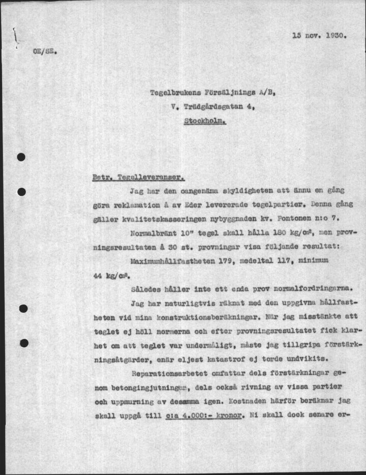 Korrespondens mellan Byggmästare Olle Engkvist och Tegelbrukens Försäljnings AB (sida 1 av 3).