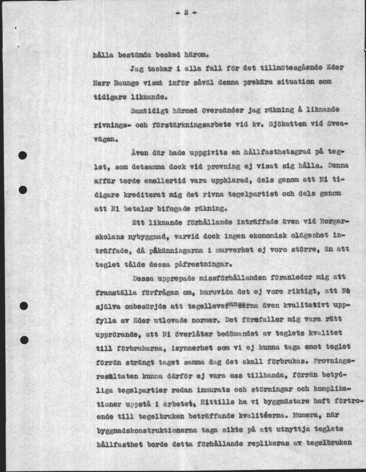 Korrespondens mellan Byggmästare Olle Engkvist och Tegelbrukens Försäljnings AB (sida 2 av 3).