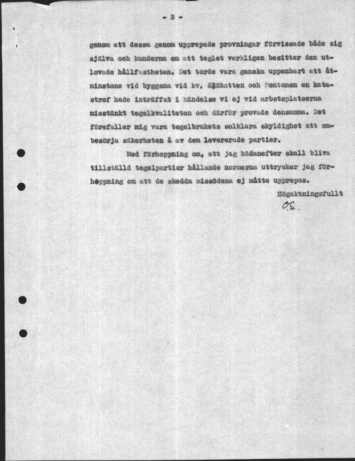 Korrespondens mellan Byggmästare Olle Engkvist och Tegelbrukens Försäljnings AB (sida 3 av 3).