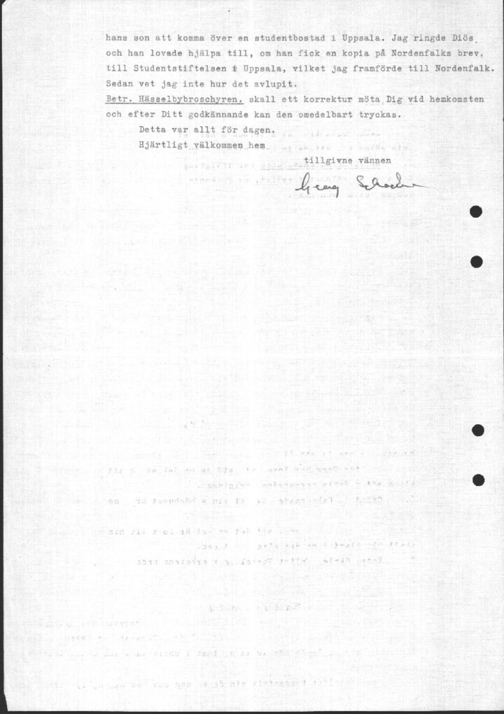 Korrespondens mellan Olle Engkvist och verkställande direktör Georg Schackne beträffande verksamheten våren 1954, 22 maj 1954 (Sida 2 av 2).