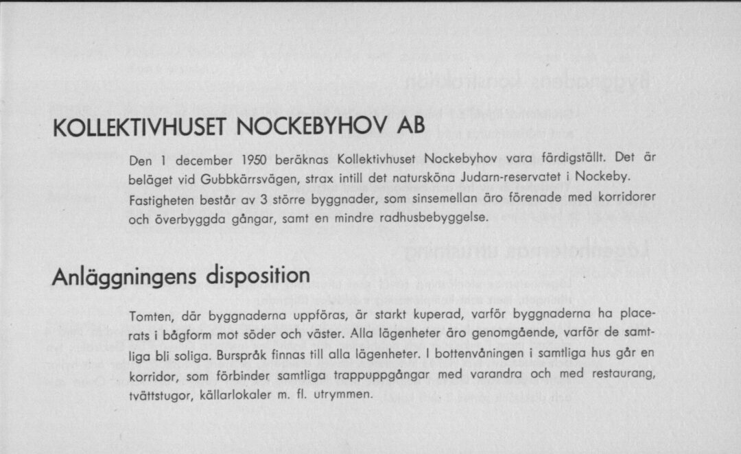 Utdrag ur broschyr, Kollektivhuset Nockebyhov AB.